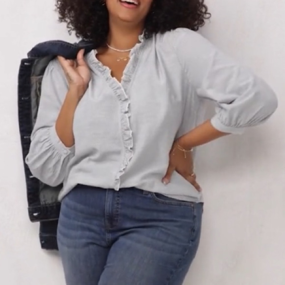 LC Lauren Conrad Stripe Ruffle V-Neck Blouse Blue White 3/4 Sleeve NWT 0X